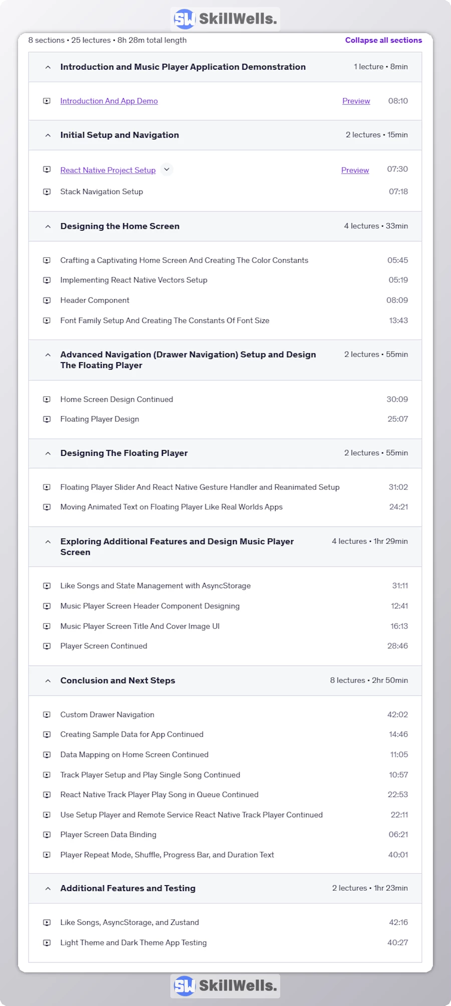 Build Music Player with React Native Production Ready - Table of Content