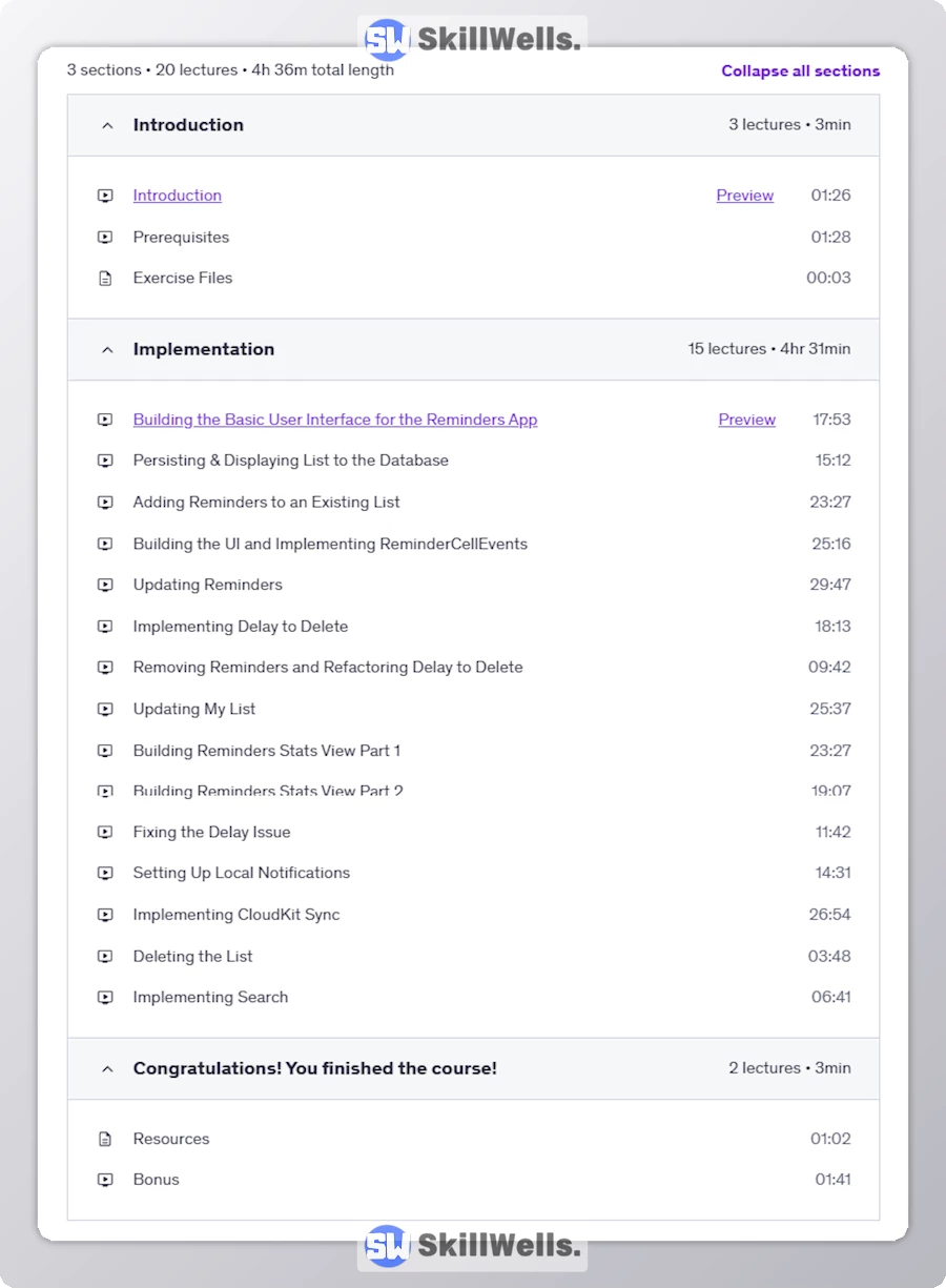 Build Reminders App Clone Using SwiftData & SwiftUI Course - Table of Content