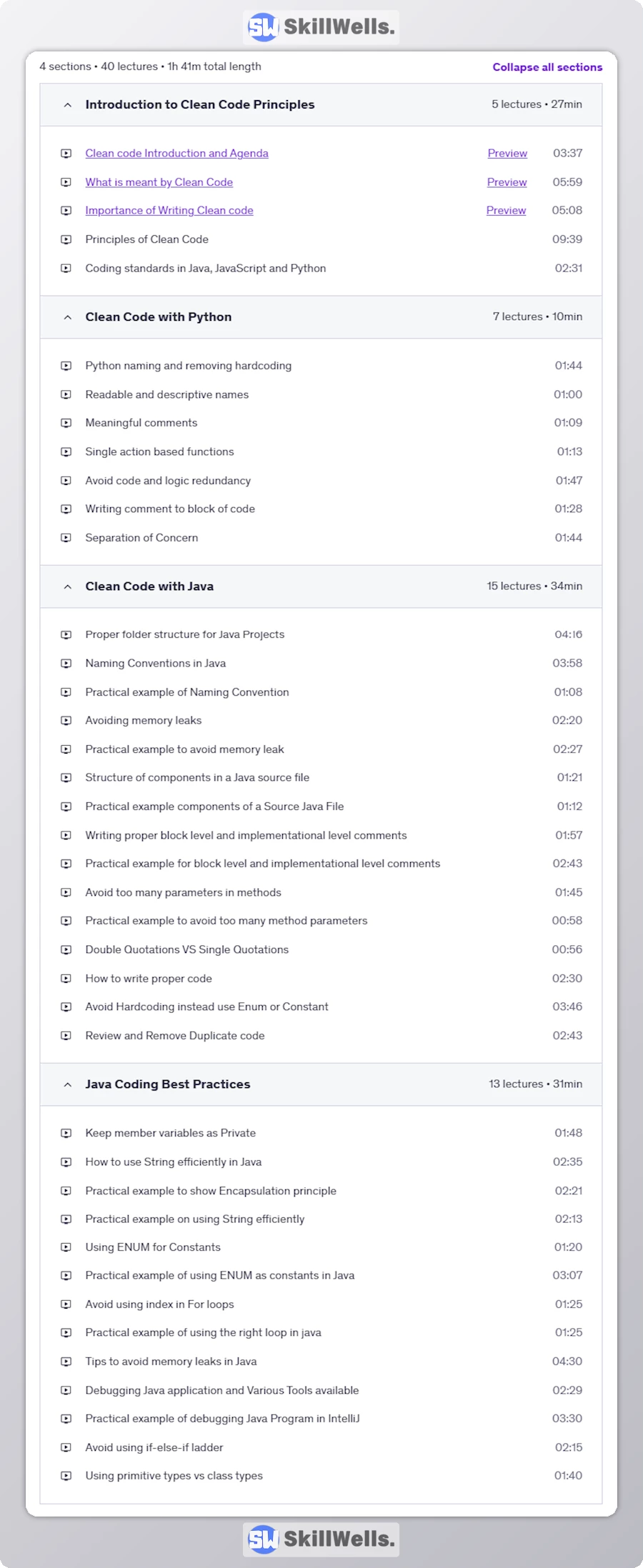 Clean Code Principles with Handson for Java and Python - Table of Content