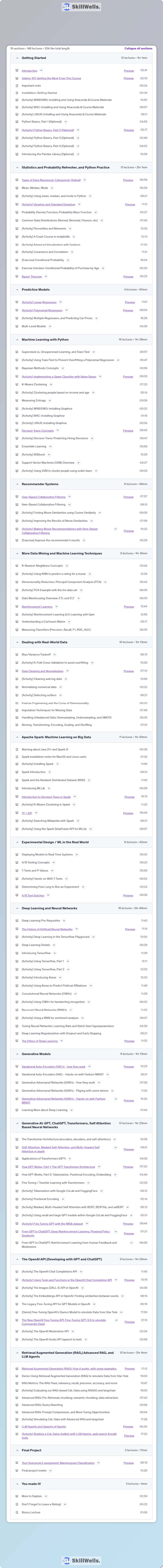 Machine Learning, Data Science and Generative AI with Python - Table of Content