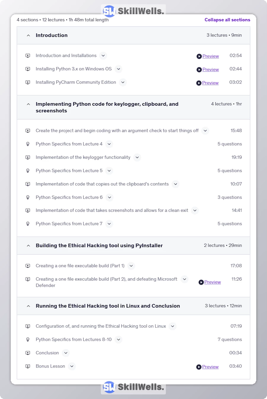 Ethical Hacking Design an Info Stealer using Python 3 - Table of Content