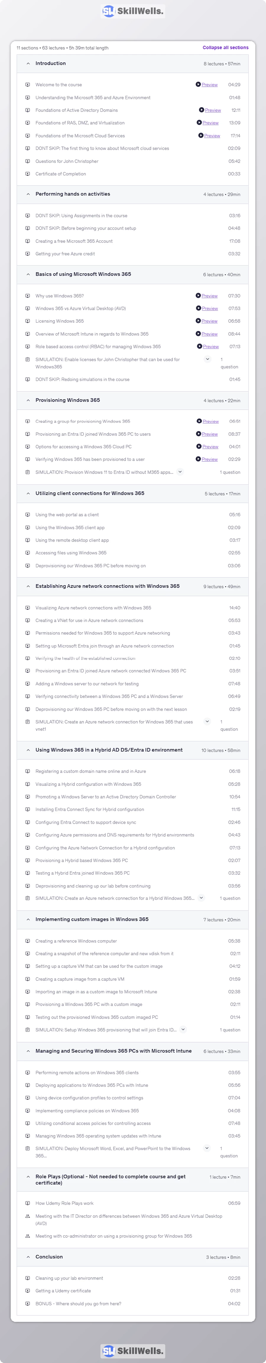 Windows 365 course with Intune administration & simulations - Table of Content