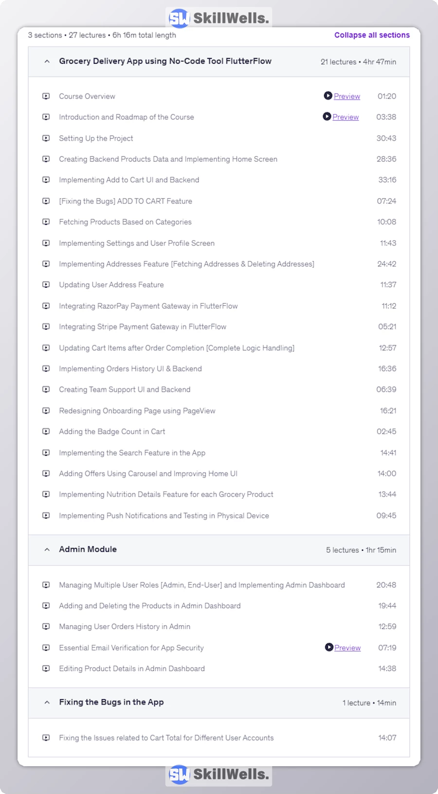 FlutterFlow Course Learn to Build E-Commerce Grocery App - Table of Content