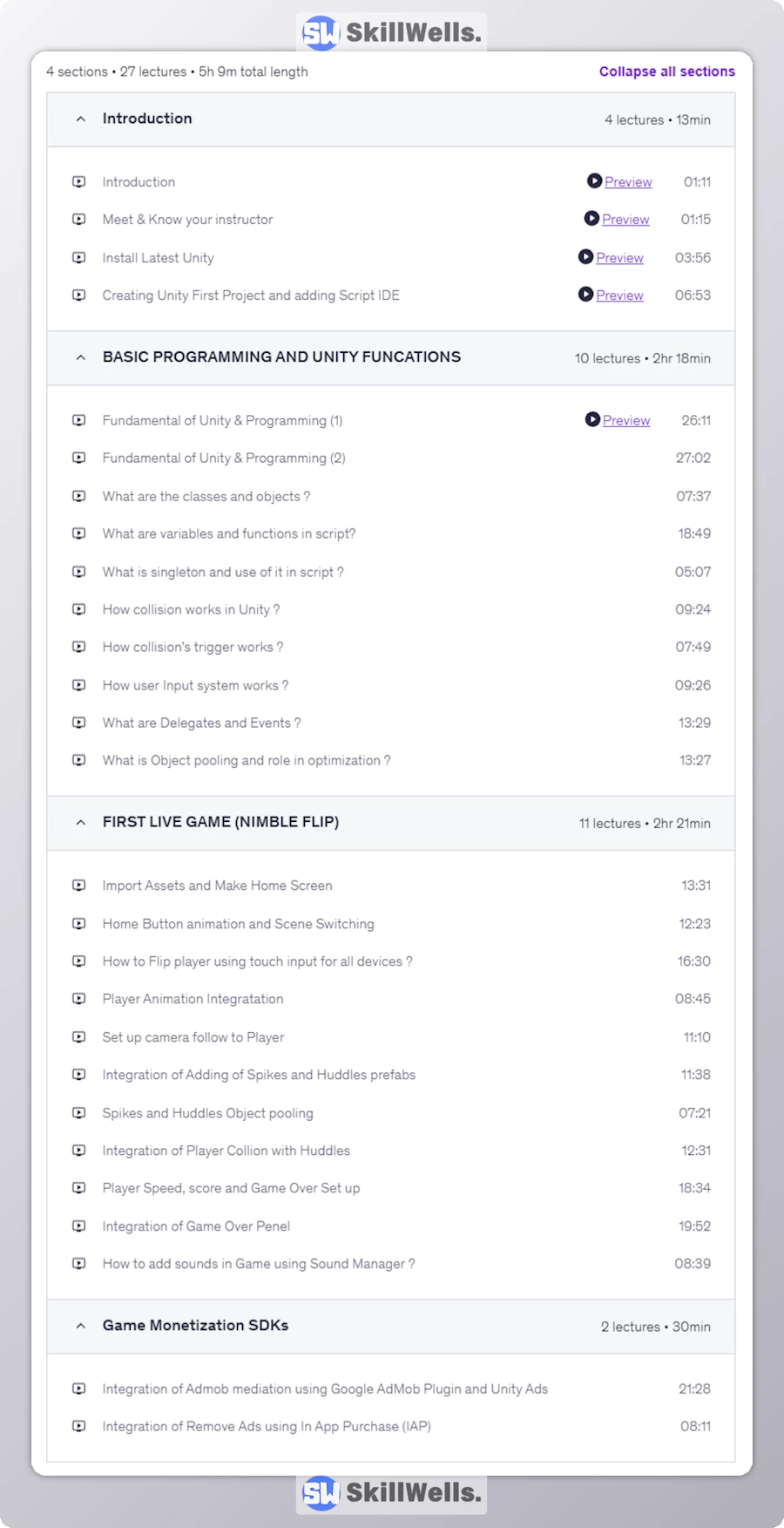 Unity 2D Game Development From Fundamentals to Monetization -Table of Content